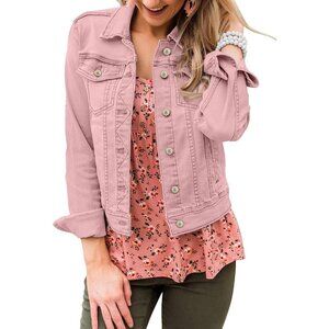Women's Basic Long Sleeves Button Down Fitted Denim Jean Jacket A2 Pink